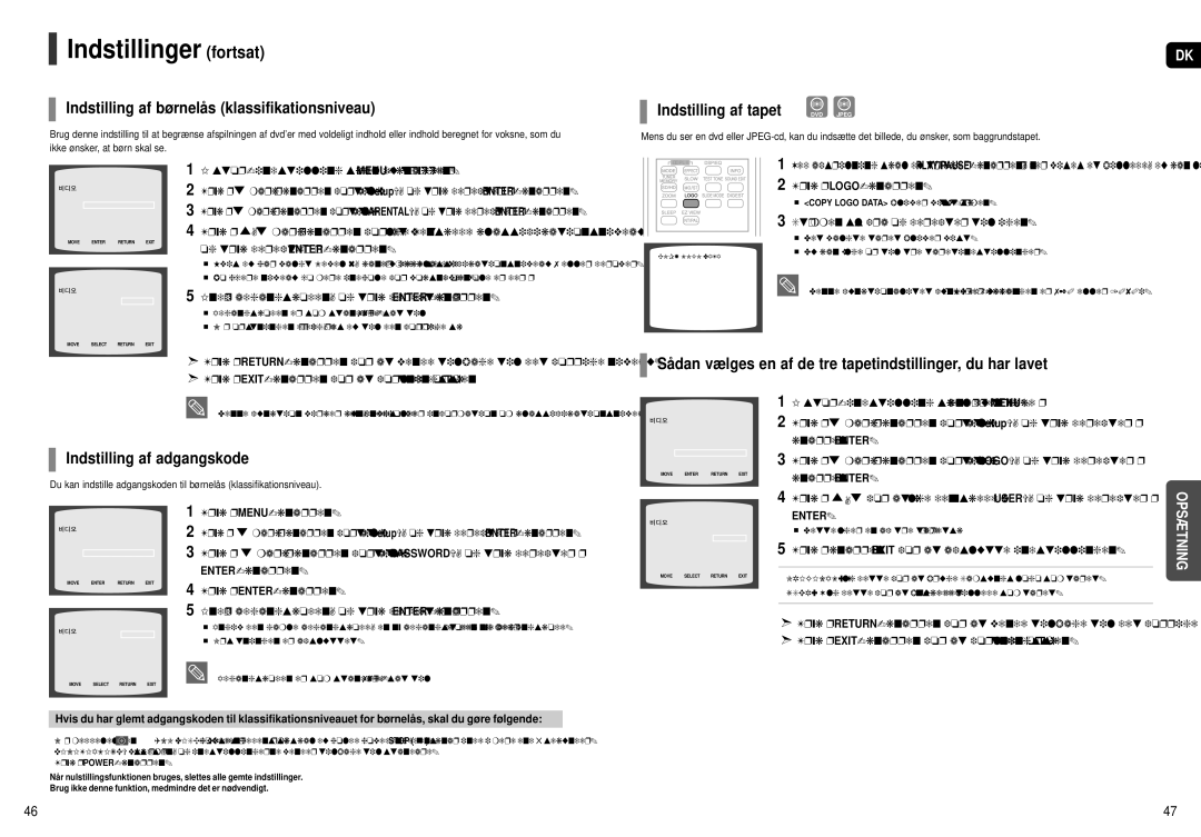 Samsung HT-X250R/XEE manual Indstillinger fortsat, Indstilling af børnelås klassifikationsniveau, Indstilling af tapet 