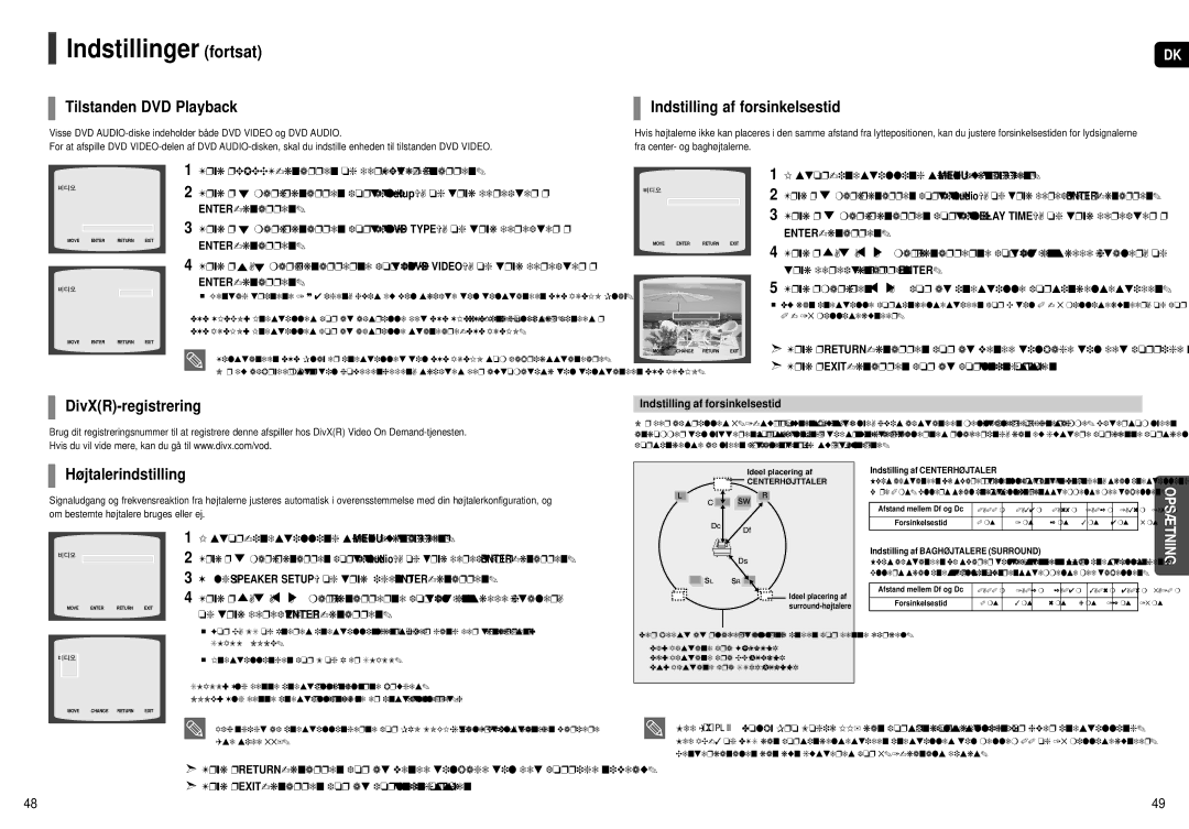 Samsung HT-X251R/XEE Tilstanden DVD Playback, Indstilling af forsinkelsestid, DivXR-registrering, Højtalerindstilling 