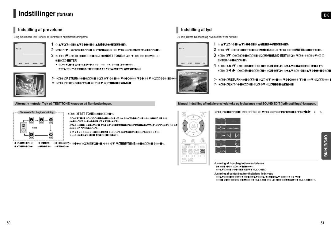 Samsung HT-X250R/XEE, HT-X251R/XEE manual Indstilling af prøvetone, Indstilling af lyd, Tryk på Test TONE-knappen 