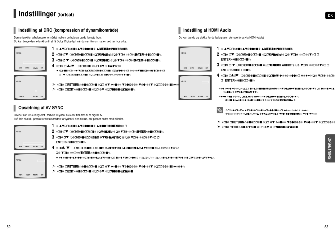 Samsung HT-X251R/XEE Indstilling af DRC kompression af dynamikområde, Opsætning af AV Sync, Indstilling af Hdmi Audio 