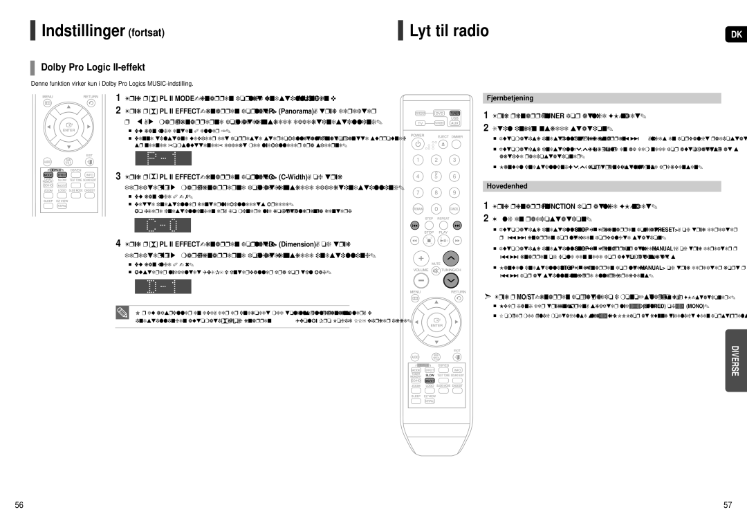 Samsung HT-X251R/XEE, HT-X250R/XEE manual Lyt til radio, Dolby Pro Logic II-effekt, Fjernbetjening, Hovedenhed 