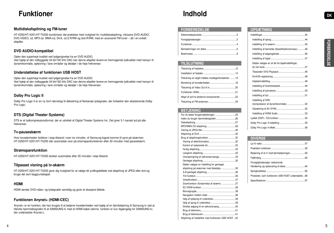 Samsung HT-X251R/XEE, HT-X250R/XEE manual Funktioner, Indhold 