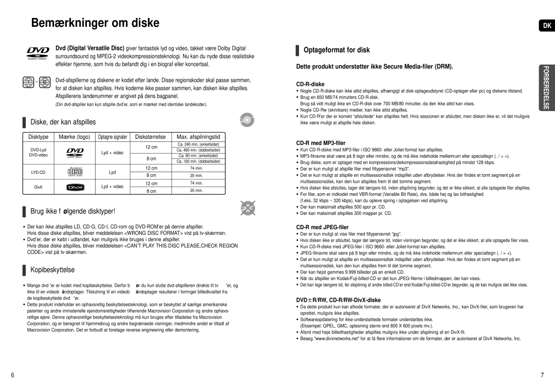 Samsung HT-X250R/XEE manual Bemærkninger om diske, Diske, der kan afspilles, Brug ikke følgende disktyper, Kopibeskyttelse 