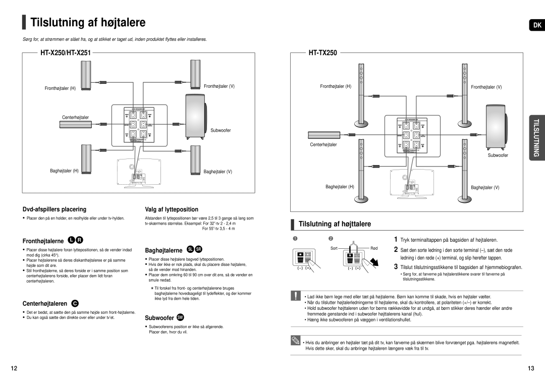 Samsung HT-X251R/XEE, HT-X250R/XEE manual Tilslutning af højtalere, HT-X250/HT-X251, Tilslutning af højttalere 