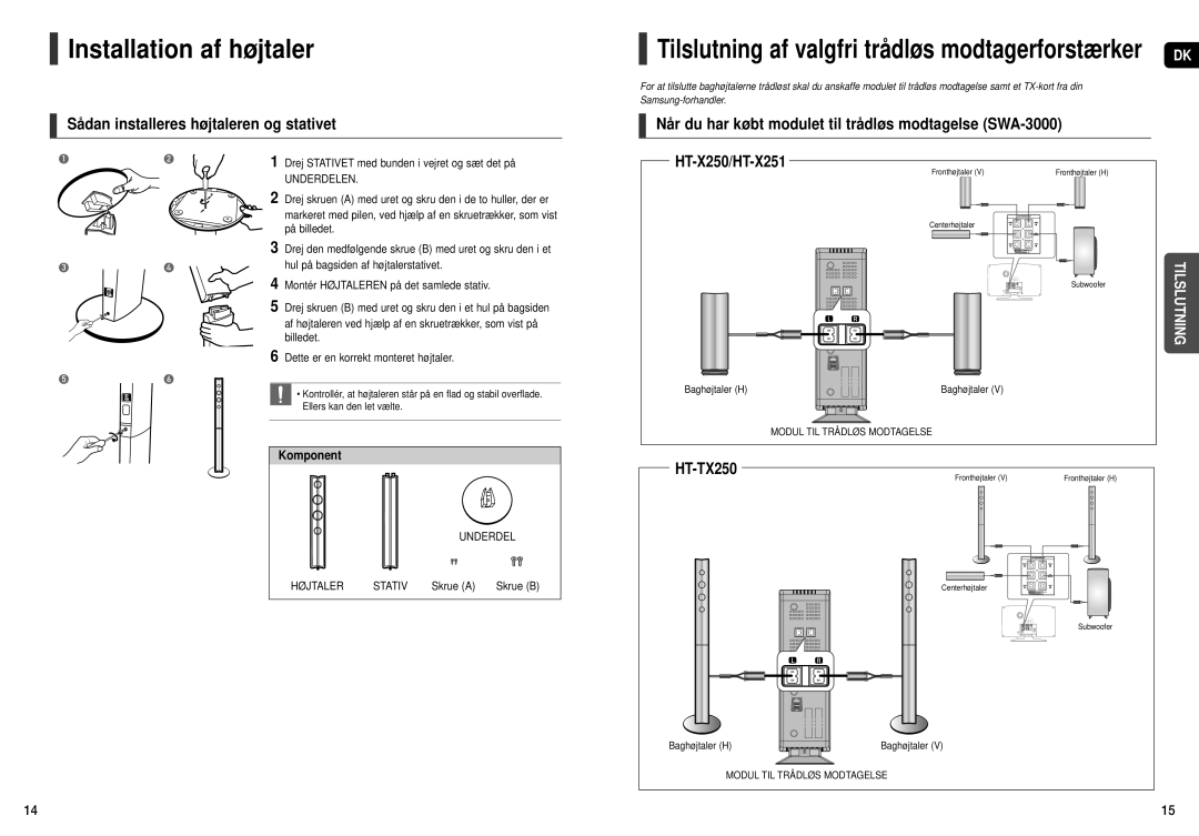 Samsung HT-X250R/XEE, HT-X251R/XEE manual Installation af højtaler, Sådan installeres højtaleren og stativet, Skrue a 