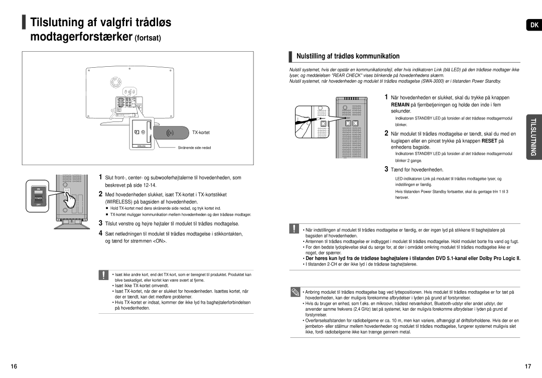 Samsung HT-X251R/XEE, HT-X250R/XEE manual Nulstilling af trådløs kommunikation, Tænd for hovedenheden, TX-kortet 