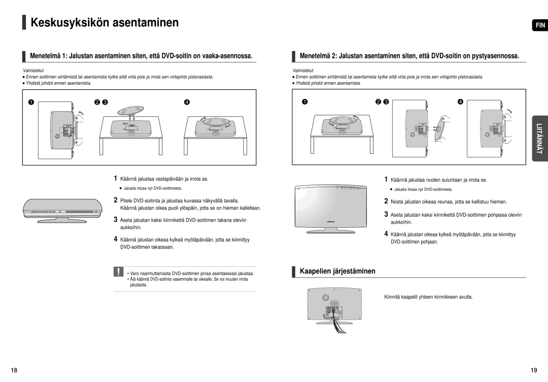 Samsung HT-X250R/XEE manual Keskusyksikön asentaminen, Kaapelien järjestäminen, Käännä jalustaa vastapäivään ja irrota se 