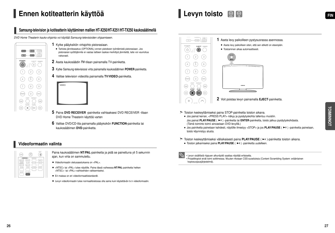 Samsung HT-X250R/XEE, HT-X251R/XEE manual Ennen kotiteatterin käyttöä, Levyn toisto DVD CD, Videoformaatin valinta 