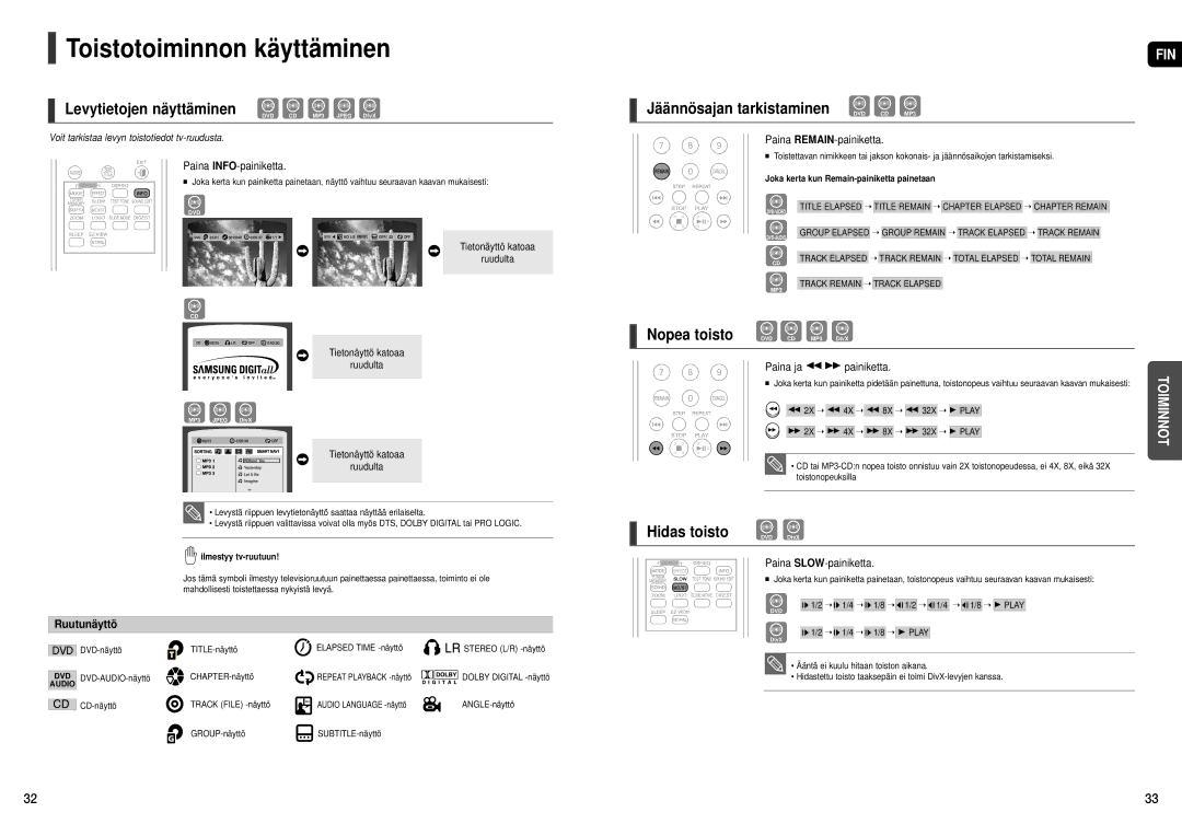 Samsung HT-X251R/XEE, HT-X250R/XEE manual Toistotoiminnon käyttäminen, Levytietojen näyttäminen, Ruutunäyttö 