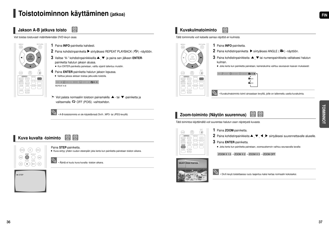 Samsung HT-X251R/XEE, HT-X250R/XEE manual Jakson A-B jatkuva toisto DVD, Kuva kuvalta -toiminto DVD DivX, Kuvakulmatoiminto 