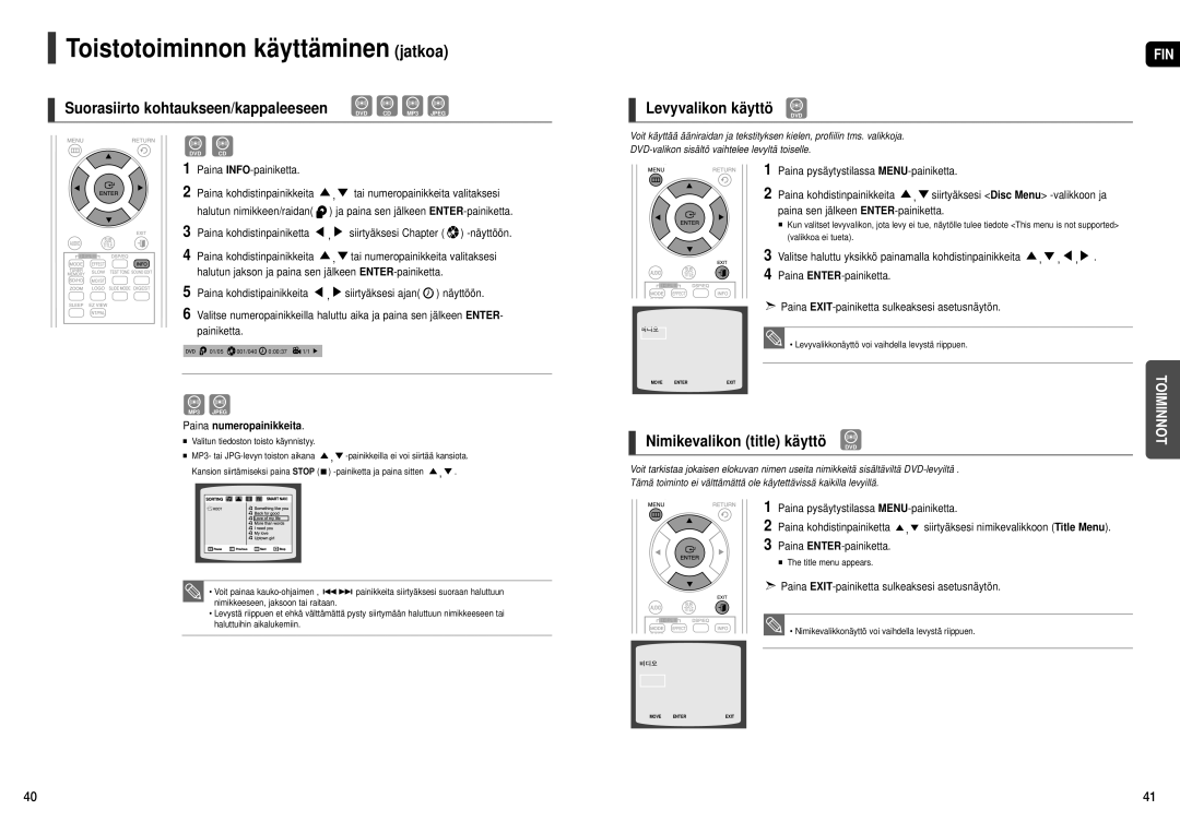 Samsung HT-X251R/XEE, HT-X250R/XEE manual Levyvalikon käyttö, Nimikevalikon title käyttö DVD, Paina numeropainikkeita 