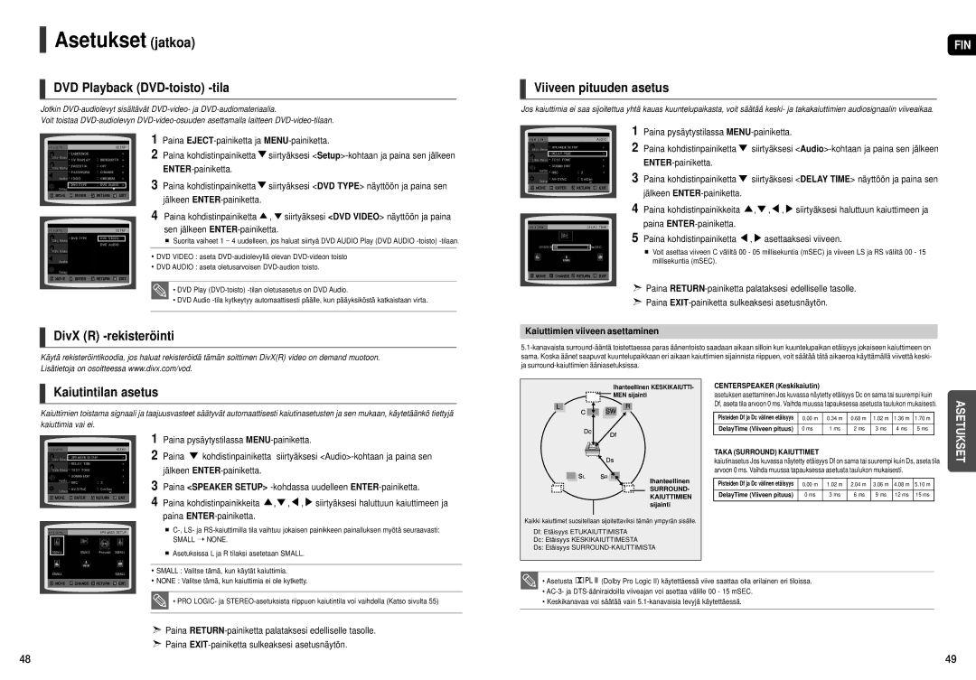 Samsung HT-X251R/XEE DVD Playback DVD-toisto -tila, DivX R -rekisteröinti, Viiveen pituuden asetus, Kaiutintilan asetus 