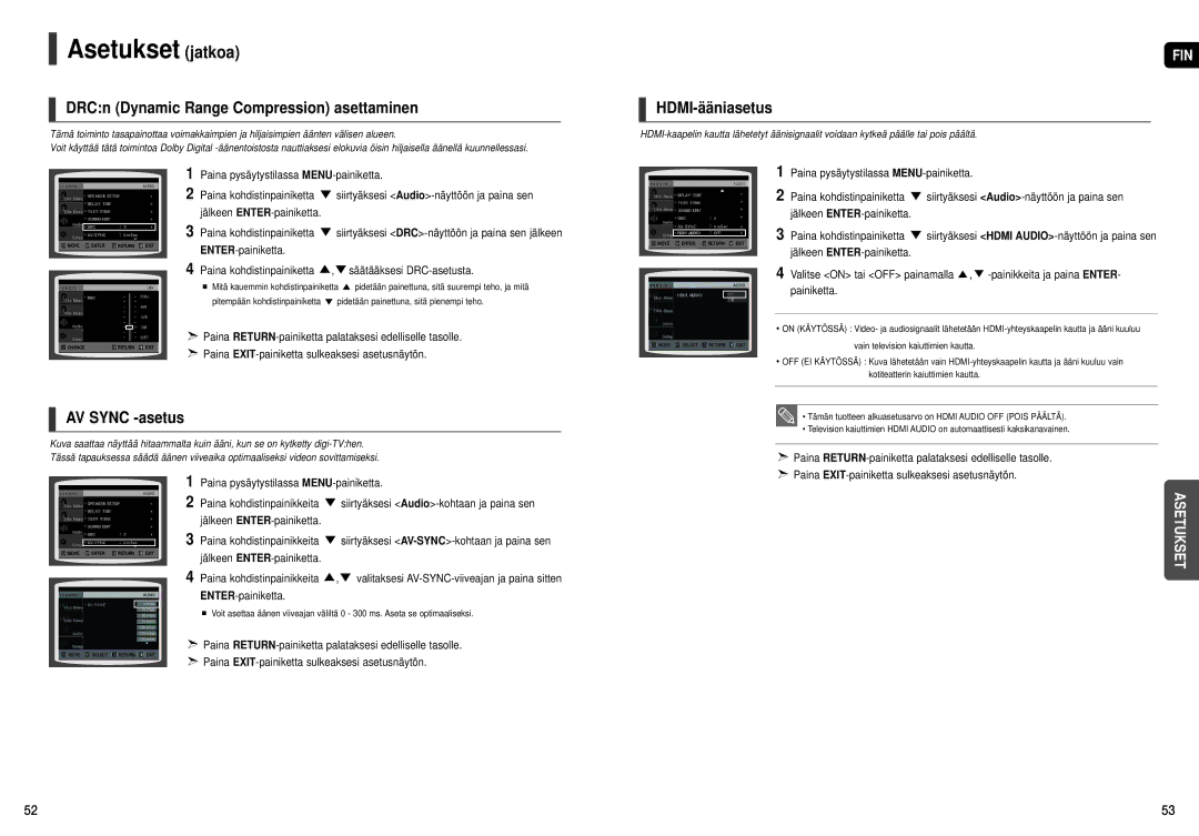 Samsung HT-X251R/XEE, HT-X250R/XEE manual DRCn Dynamic Range Compression asettaminen, HDMI-ääniasetus, AV Sync -asetus 