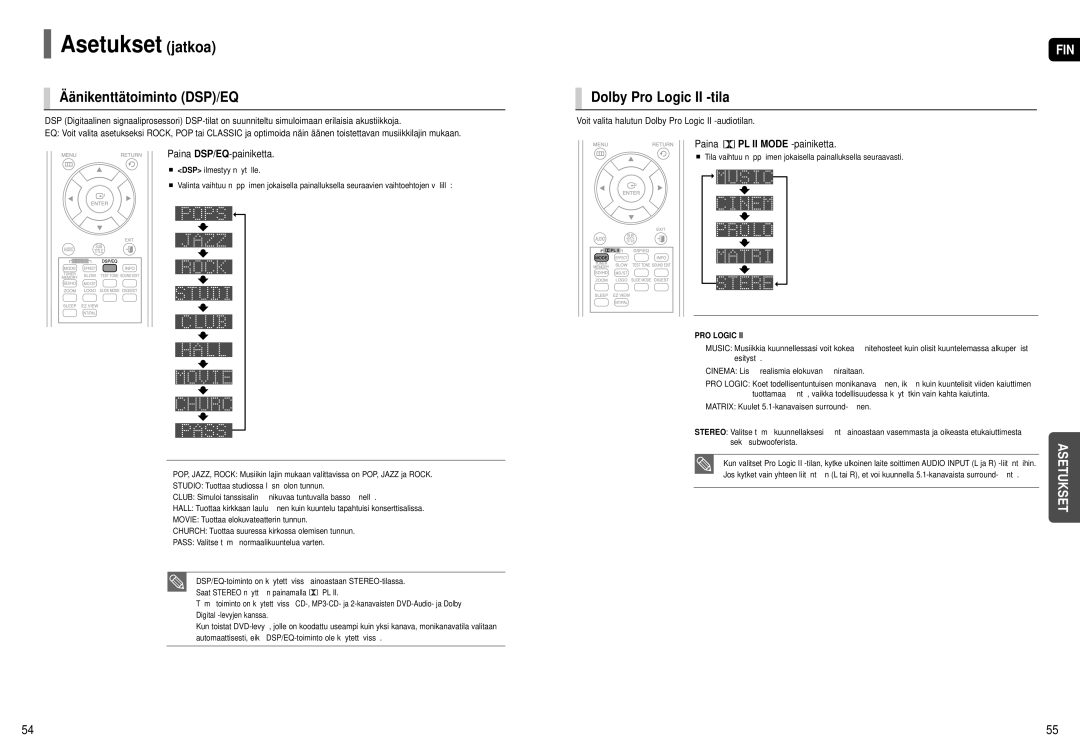 Samsung HT-X250R/XEE, HT-X251R/XEE manual Äänikenttätoiminto DSP/EQ, Dolby Pro Logic II -tila, Paina DSP/EQ-painiketta 