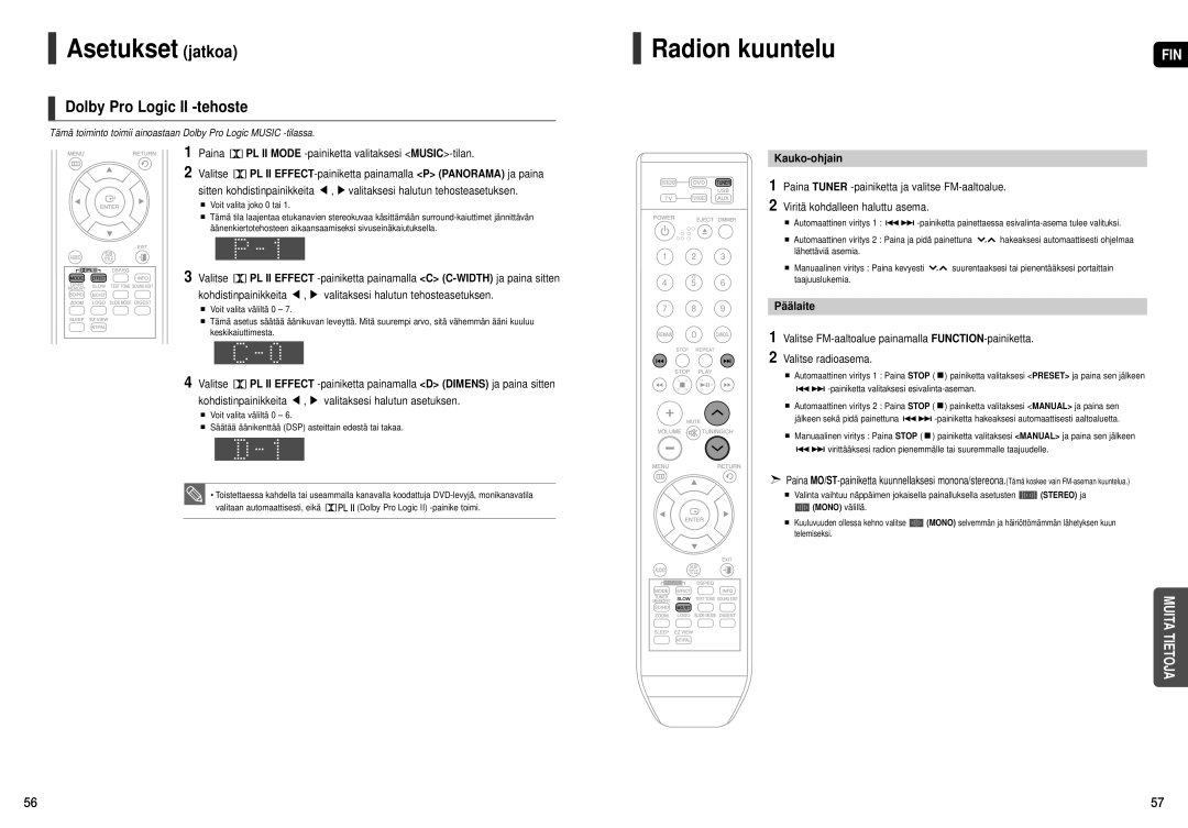 Samsung HT-X251R/XEE, HT-X250R/XEE manual Radion kuuntelu, Dolby Pro Logic II -tehoste, Kauko-ohjain, Päälaite, Mono välillä 