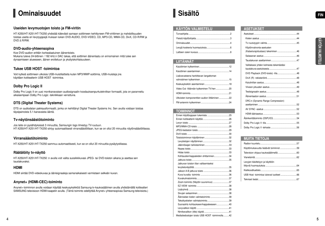 Samsung HT-X251R/XEE, HT-X250R/XEE manual Ominaisuudet, Sisältö 