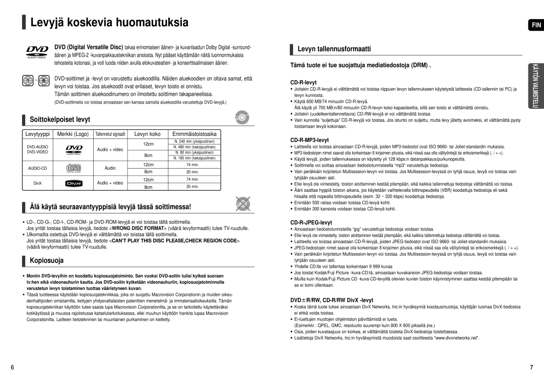 Samsung HT-X250R/XEE manual Levyjä koskevia huomautuksia, Soittokelpoiset levyt, Kopiosuoja, Levyn tallennusformaatti 