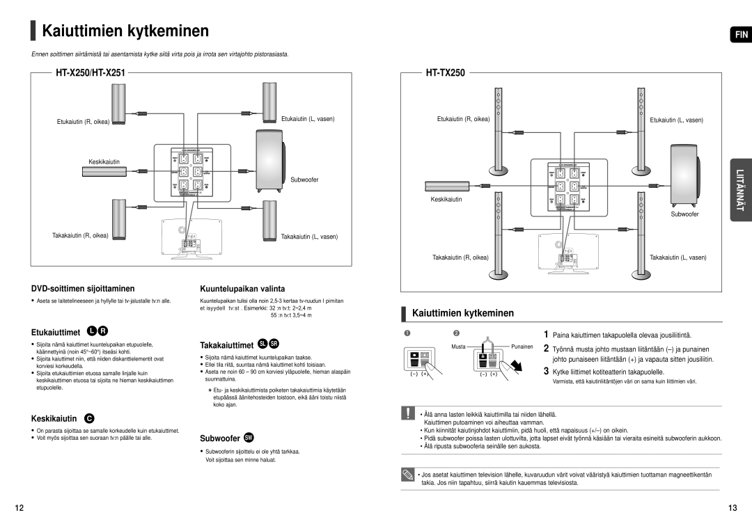 Samsung HT-X251R/XEE, HT-X250R/XEE manual Kaiuttimien kytkeminen, HT-X250/HT-X251 