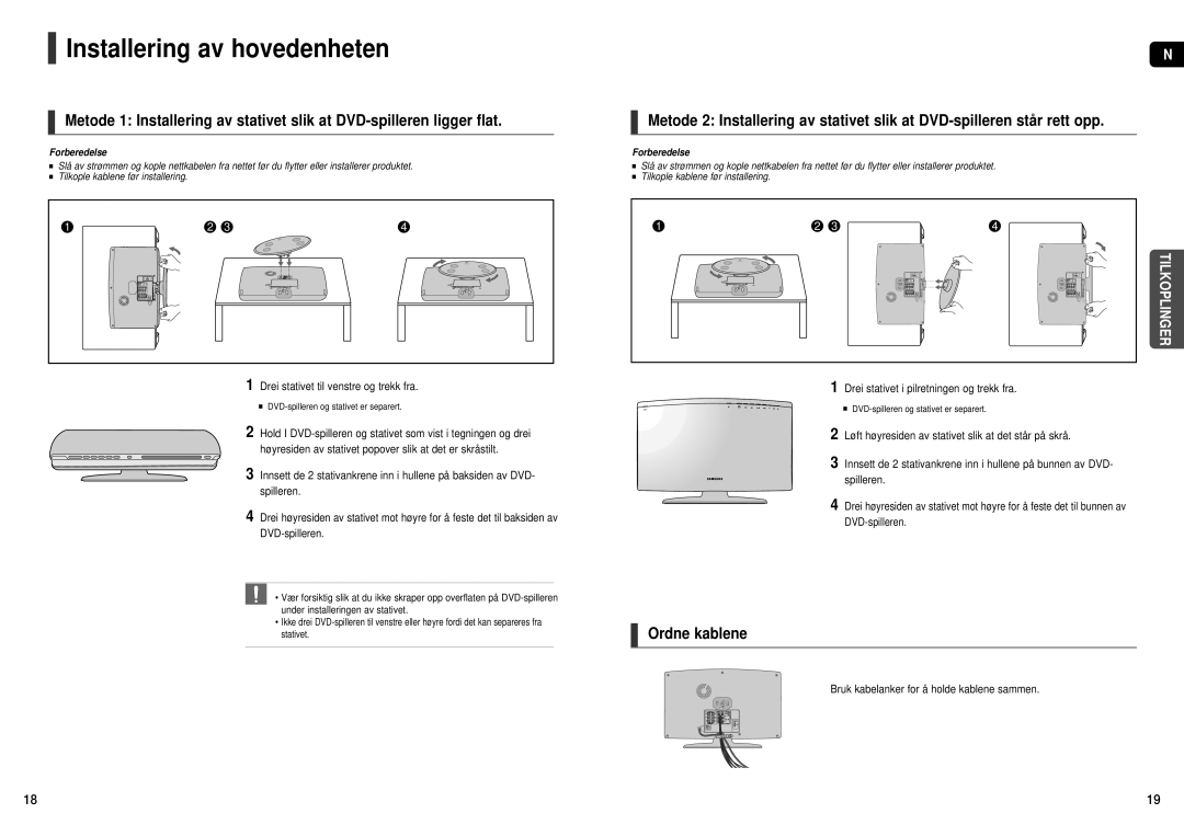 Samsung HT-X250R/XEE, HT-X251R/XEE Installering av hovedenheten, Ordne kablene, Drei stativet til venstre og trekk fra 