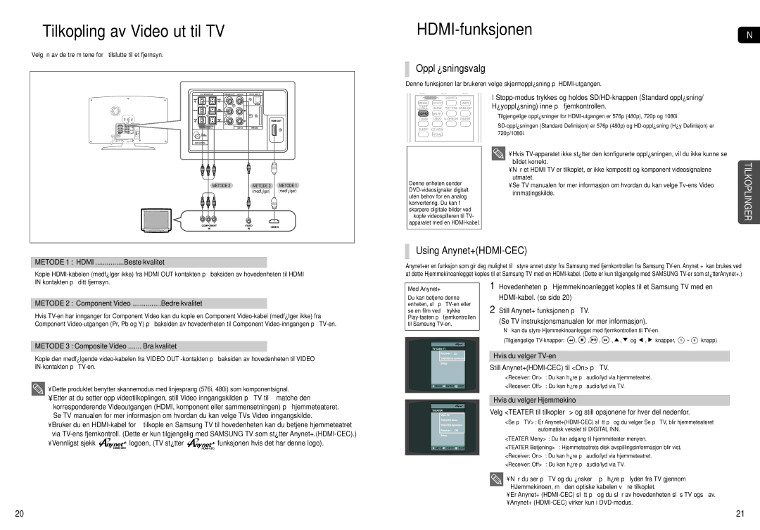 Samsung HT-X251R/XEE, HT-X250R/XEE Tilkopling av Video ut til TV, HDMI-funksjonen, Oppløsningsvalg, Using Anynet+HDMI-CEC 