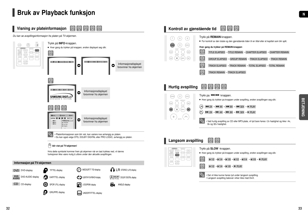 Samsung HT-X251R/XEE manual Bruk av Playback funksjon, Visning av plateinformasjon, Kontroll av gjenstående tid DVD CD MP3 