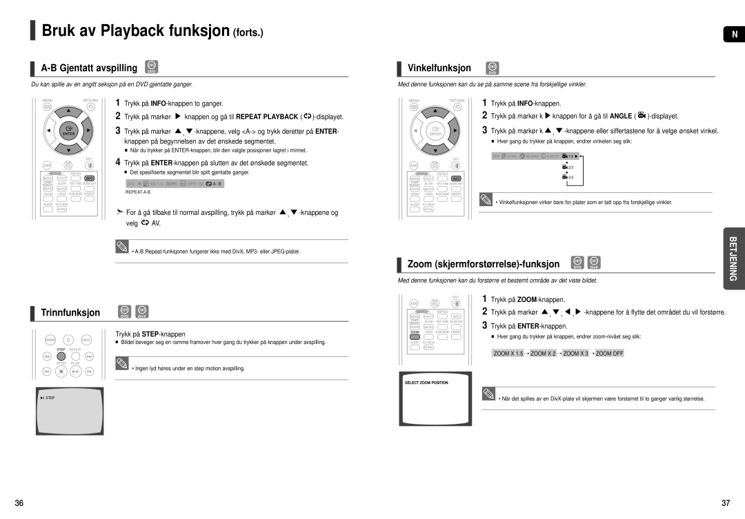Samsung HT-X251R/XEE, HT-X250R/XEE manual Gjentatt avspilling DVD, Vinkelfunksjon 
