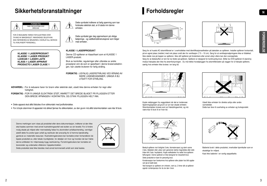 Samsung HT-X250R/XEE, HT-X251R/XEE manual Sikkerhetsforanstaltninger, Forholdsregler 