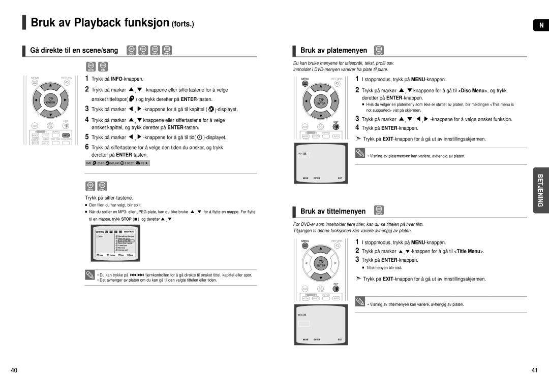 Samsung HT-X251R/XEE, HT-X250R/XEE manual Gå direkte til en scene/sang, Bruk av platemenyen, Bruk av tittelmenyen DVD 