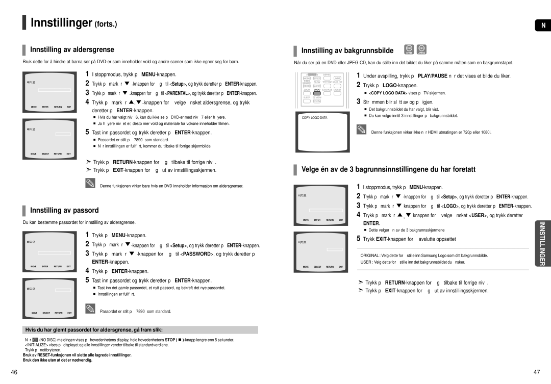 Samsung HT-X250R/XEE, HT-X251R/XEE manual Innstillinger forts, Innstilling av aldersgrense, Innstilling av passord 