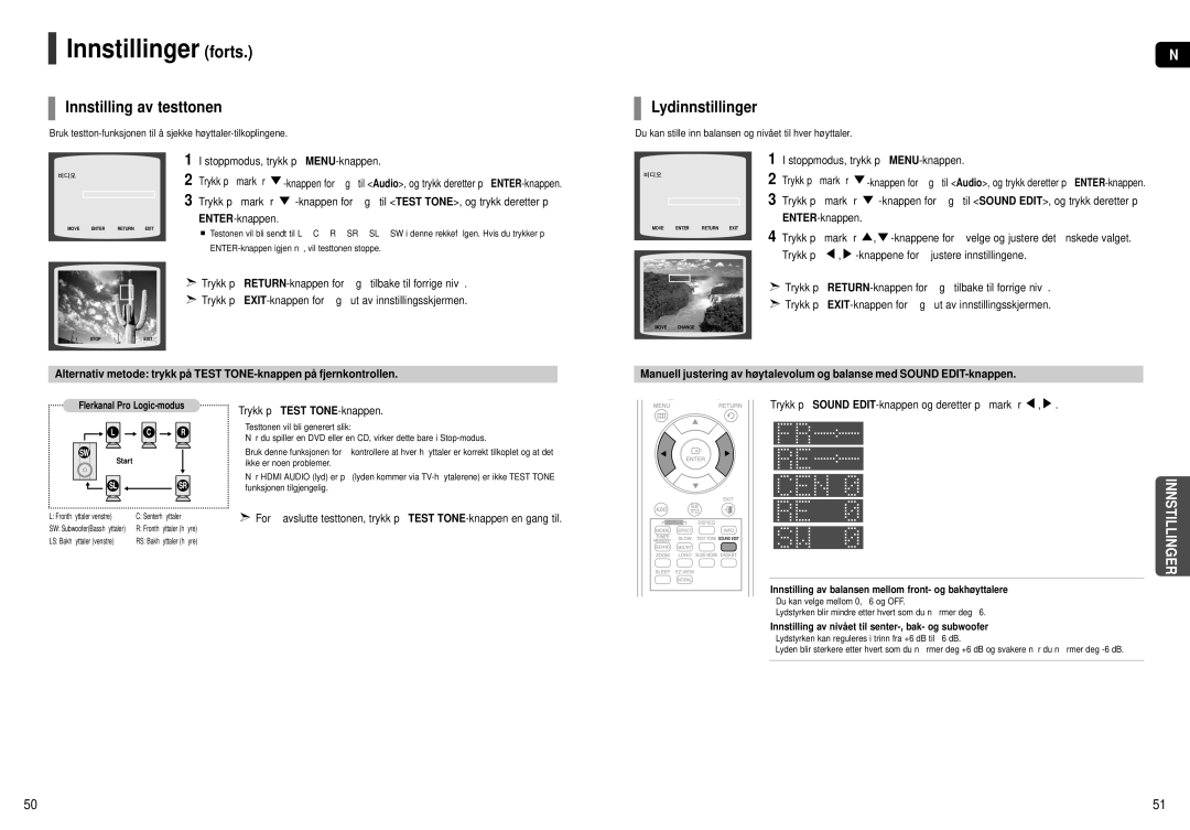 Samsung HT-X250R/XEE, HT-X251R/XEE manual Innstilling av testtonen, Lydinnstillinger, Trykk på Test TONE-knappen 