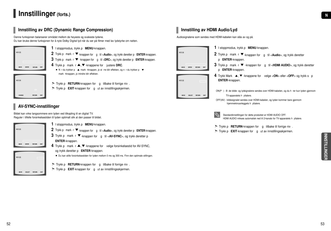 Samsung HT-X251R/XEE Innstilling av DRC Dynamic Range Compression, Innstilling av Hdmi Audio/Lyd, AV-SYNC-innstillinger 