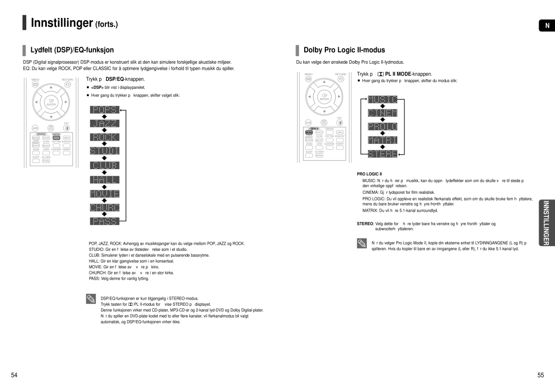 Samsung HT-X250R/XEE, HT-X251R/XEE manual Lydfelt DSP/EQ-funksjon, Dolby Pro Logic II-modus, Trykk på DSP/EQ-knappen 