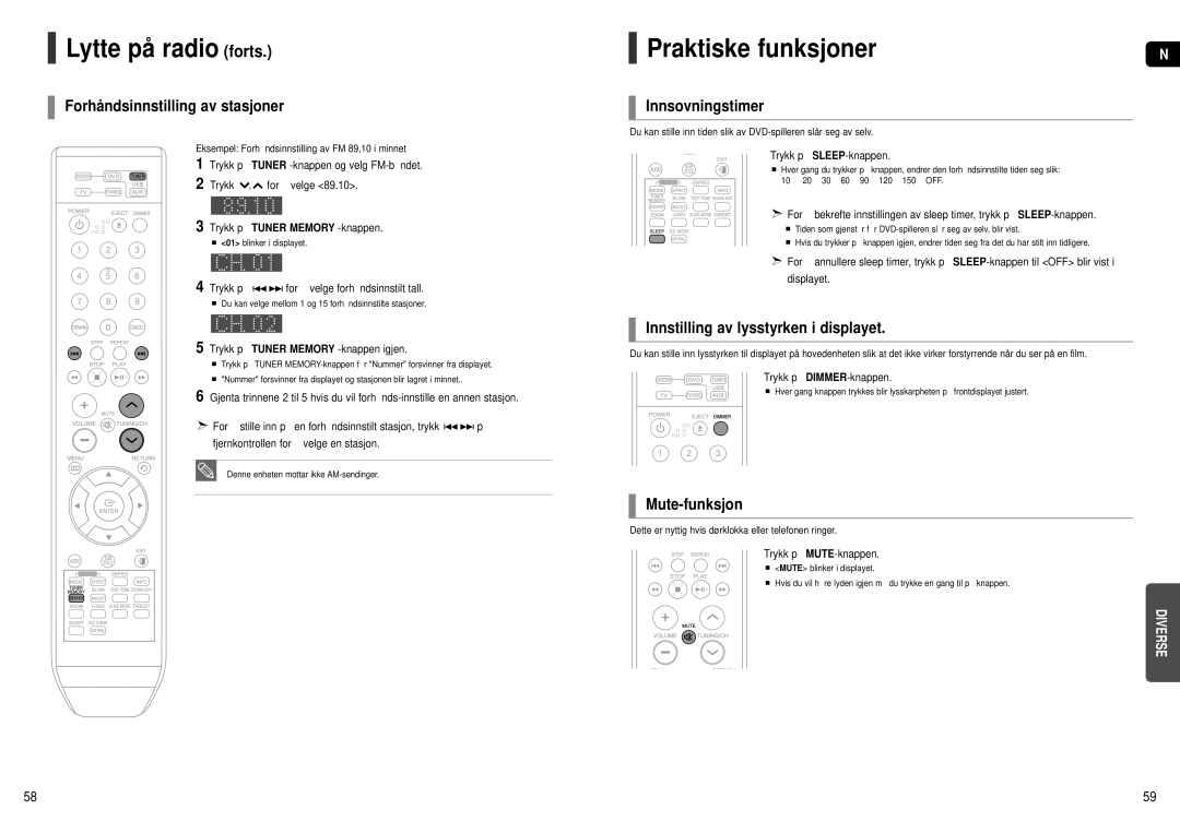 Samsung HT-X250R/XEE, HT-X251R/XEE manual Lytte på radio forts, Praktiske funksjoner 