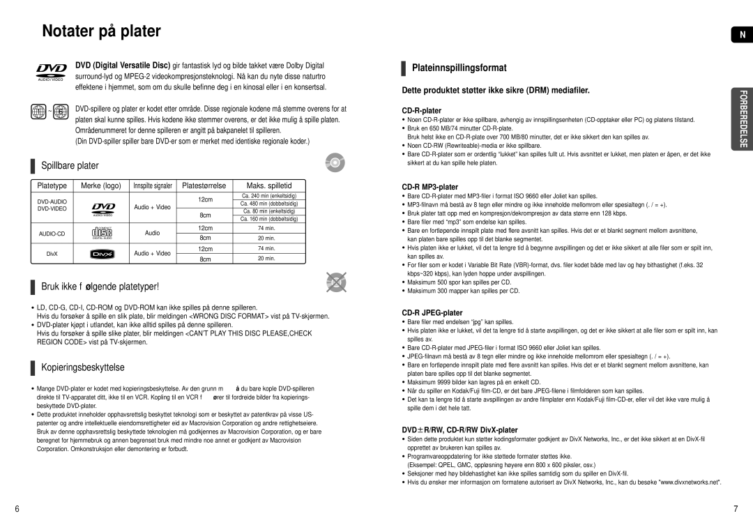 Samsung HT-X250R/XEE manual Notater på plater, Spillbare plater, Bruk ikke følgende platetyper, Kopieringsbeskyttelse 