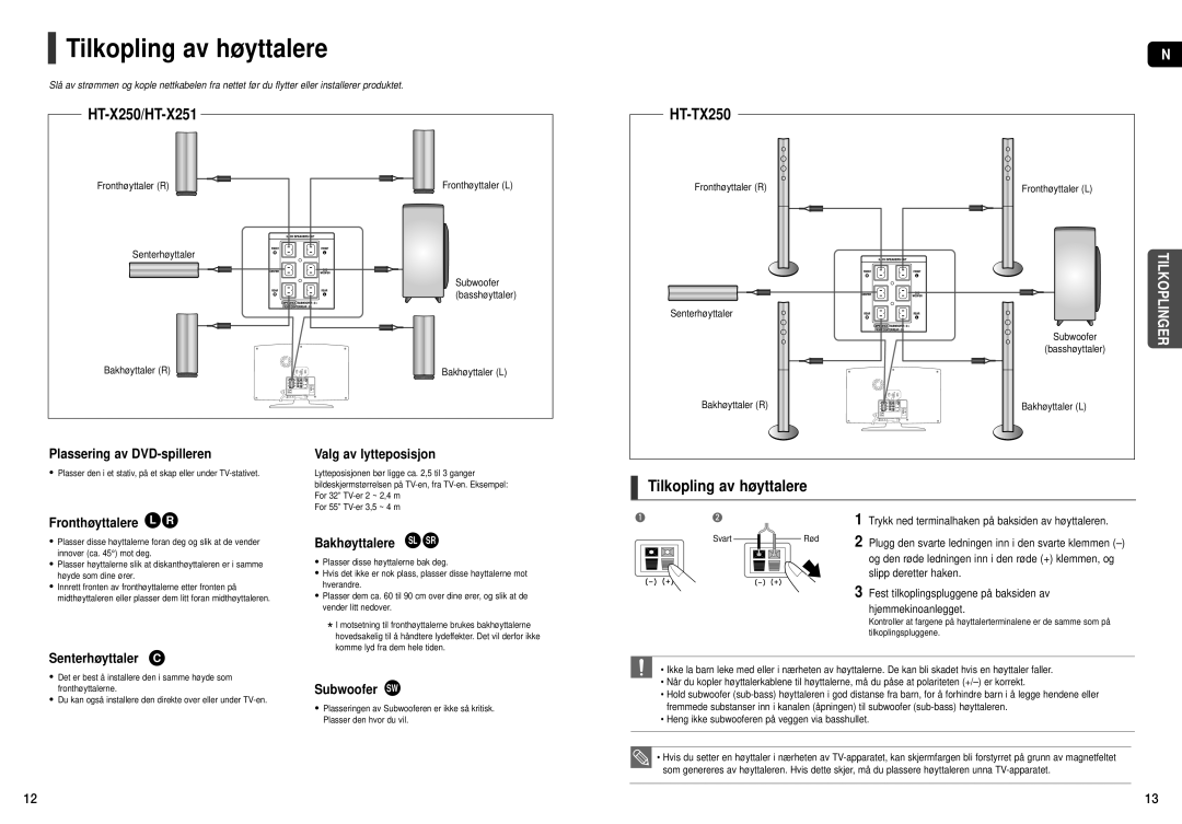 Samsung HT-X251R/XEE, HT-X250R/XEE manual Tilkopling av høyttalere, HT-X250/HT-X251, HT-TX250 