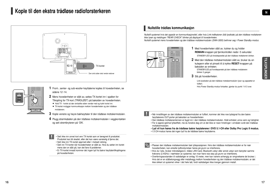 Samsung HT-X251R/XEE manual Nullstille trådløs kommunikasjon, Med den trådløse mottakermodulen slått av, bruker du en 