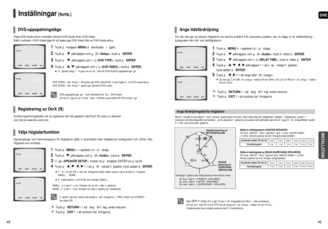 Samsung HT-X251R/XEE manual DVD-uppspelningsläge, Ange tidsfördröjning, Registrering av DivX R, Välja högtalarfunktion 