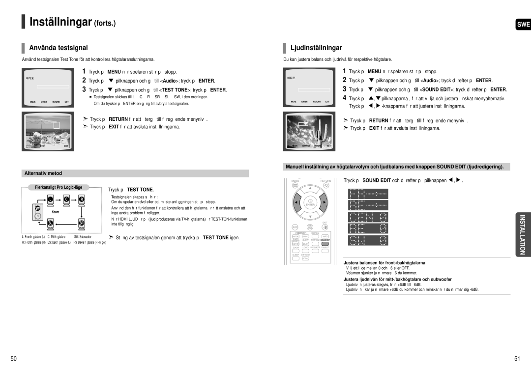 Samsung HT-X250R/XEE, HT-X251R/XEE manual Använda testsignal, Ljudinställningar, Alternativ metod 