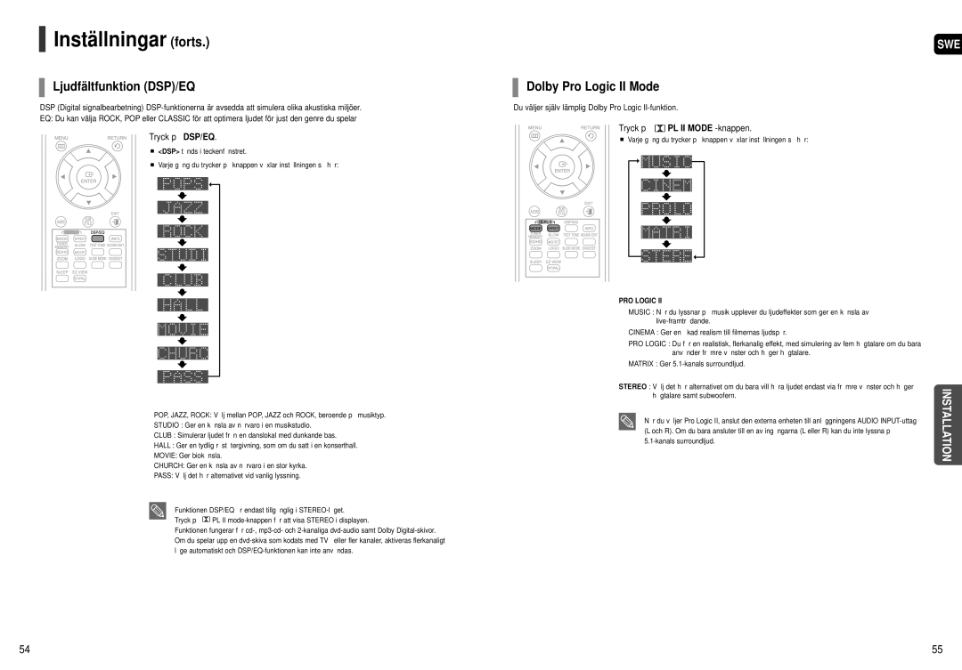 Samsung HT-X250R/XEE manual Ljudfältfunktion DSP/EQ, Dolby Pro Logic II Mode, Tryck på DSP/EQ, Tryck på PL II Mode -knappen 