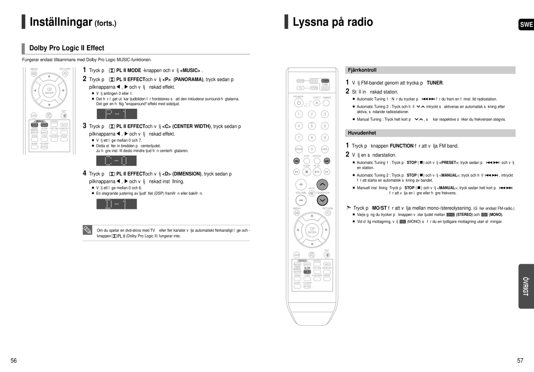 Samsung HT-X251R/XEE manual Lyssna på radio, Dolby Pro Logic II Effect, PL II Mode -knappen och välj Music, Fjärrkontroll 