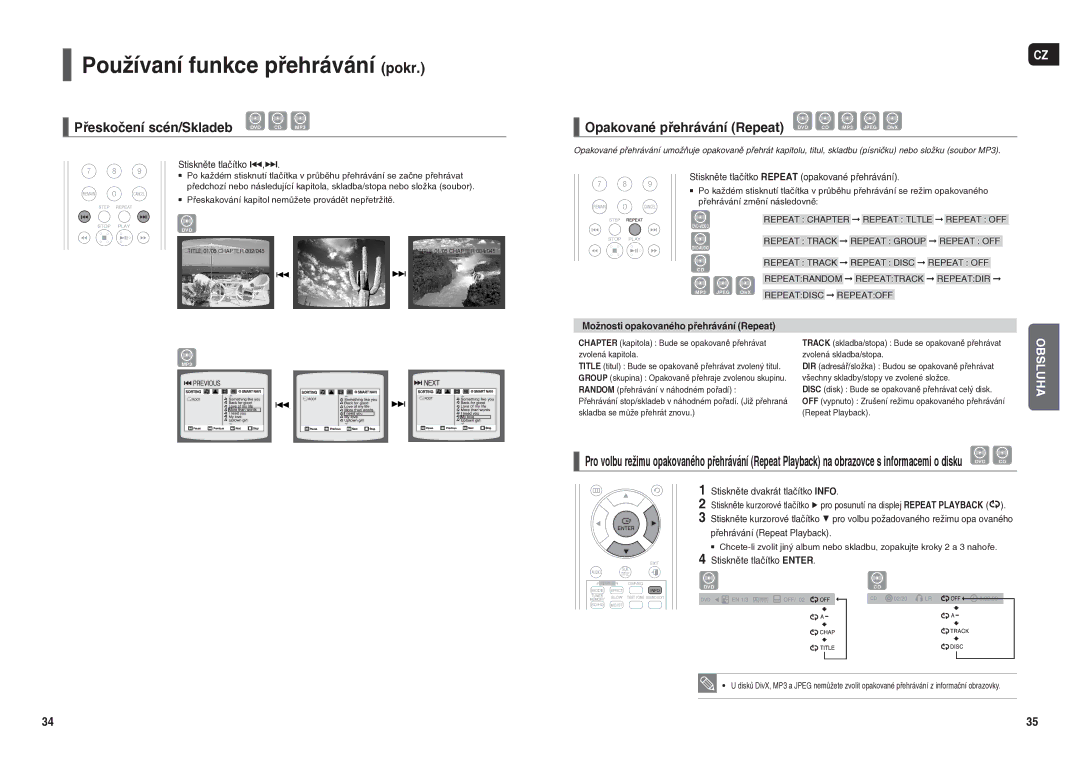 Samsung HT-X250R/XEO, HT-TX250R/XEO manual Používaní funkce přehrávání pokr, Přeskočení scén/Skladeb DVD CD MP3 