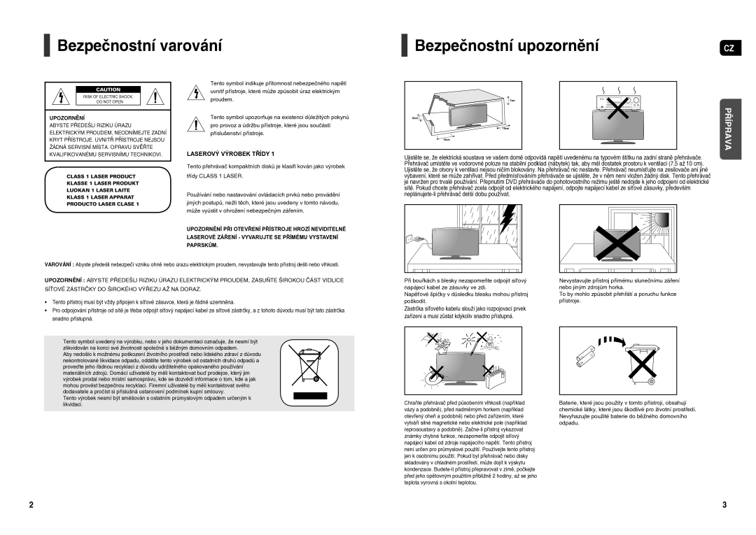 Samsung HT-X250R/XEO, HT-TX250R/XEO manual Bezpečnostní varování, Bezpečnostní upozornění 