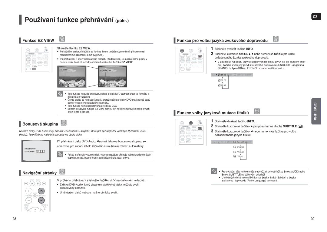 Samsung HT-X250R/XEO Funkce EZ View, Bonusová skupina DVD-AUDIO, Funkce volby jazykové mutace titulků, Navigační stránky 