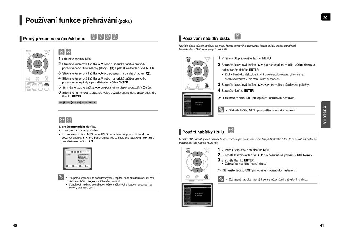 Samsung HT-TX250R/XEO manual Přímý přesun na scénu/skladbu, Používání nabídky disku, Použití nabídky titulu, Tlačítko Enter 