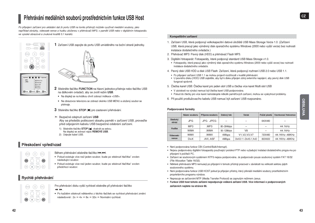 Samsung HT-X250R/XEO, HT-TX250R/XEO manual Přeskočení vpřed/vzad, Kompatibilní zařízení 