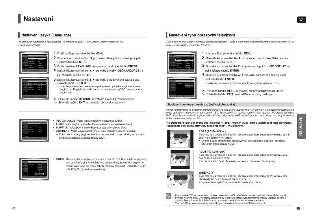 Samsung HT-TX250R/XEO, HT-X250R/XEO Nastavení jazyka Language, Nastavení typu obrazovky televizoru, 43LB 43 Letterbox 