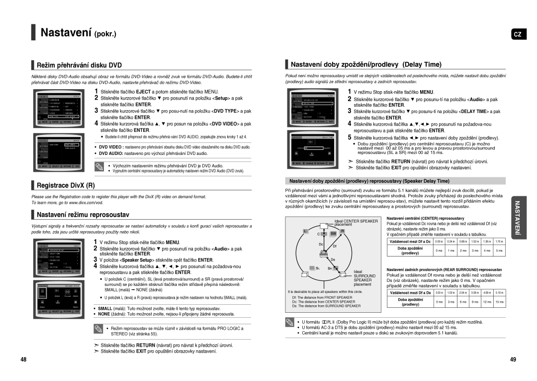 Samsung HT-TX250R/XEO, HT-X250R/XEO manual Režim přehrávání disku DVD, Nastavení doby zpoždění/prodlevy Delay Time 