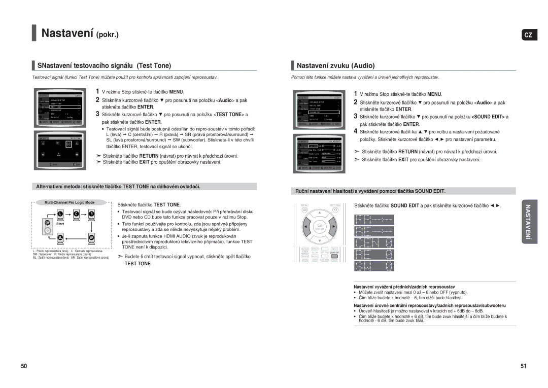 Samsung HT-X250R/XEO manual SNastavení testovacího signálu Test Tone, Nastavení zvuku Audio, Stiskněte tlačítko Test Tone 