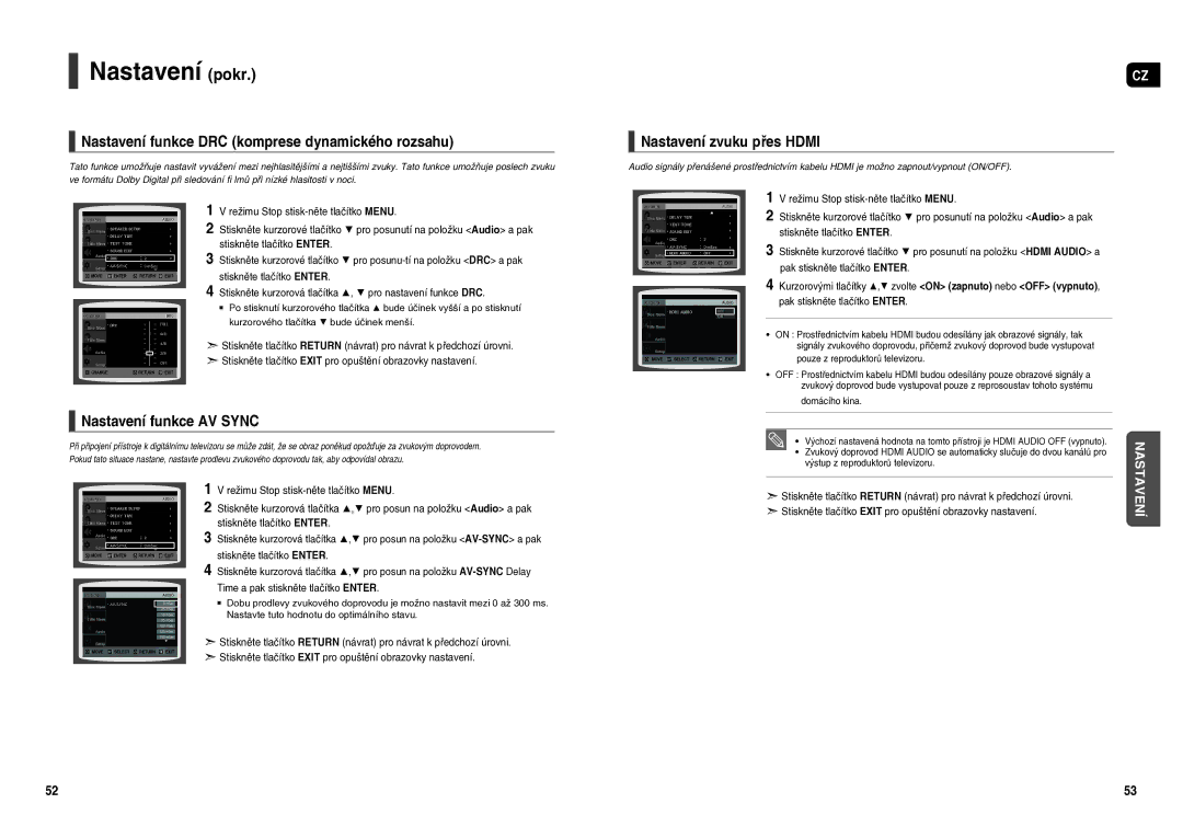 Samsung HT-TX250R/XEO manual Nastavení funkce DRC komprese dynamického rozsahu, Nastavení zvuku přes Hdmi, Domácího kina 