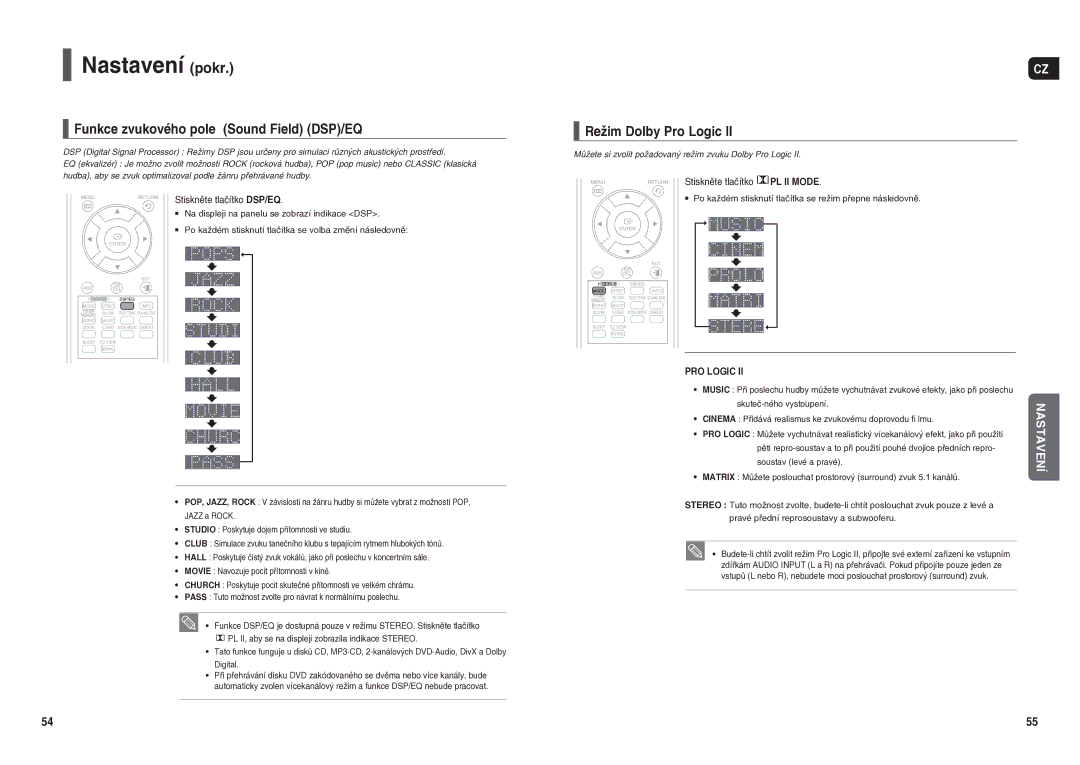 Samsung HT-X250R/XEO manual Funkce zvukového pole Sound Field DSP/EQ, Režim Dolby Pro Logic, Stiskněte tlačítko DSP/EQ 